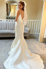 Gorgeous Satin Mermaid Wedding Dresses Spaghetti-Straps V-Neck Sleeveless Open Back With Buttons
