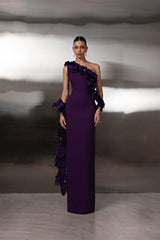 Charming Purple One Shoulder Sleeveless Satin Prom Dress Sheath Long With Flower