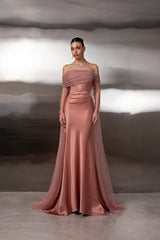 Pretty Dusty Rose Off-The-Shoulder Satin Prom Dress Mermaid Long Sleeves Beads With Ruffle
