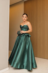 Luxury Dark Green Sweetheart Strapless Satin Prom Dress A-Line Sleeveless With Lace-Up Back