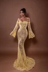 Luxury Daffodil Sweetheart Strapless Mermaid Lace Prom Dress Detachable Long Sleeves Column On Sale