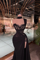 Charming Black One Shoulder Sweetheart Sleeveless Prom Dresses Mermaid Side Split Lace With Pleats
