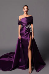 Classy Grape Off-The-Shoulder Satin Mermaid Prom Dress Detachable Skirt With Side Split
