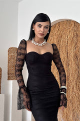 Elegant Black Sweetheart Long Sleeves Mermaid Prom Dresses Lace Column With Zipper