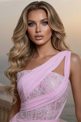 Beautiful Pink One Shoulder Chiffon Sleeveless Prom Dress A-Line Long With Pleats