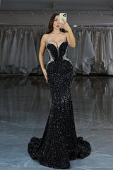 Dazzling Black Sleeveless Strapless V-Neck Prom Dress Mermaid Gem With Beads