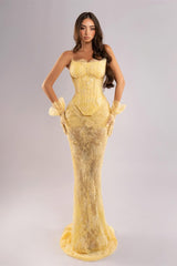 Chic Daffodil Strapless Sleeveless Lace Prom Dresses Mermaid Column With Gloves