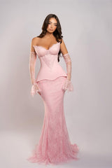 Charming Pink Sweetheart Strapless Lace Mermaid Prom Dress Detachable Long Sleeves On Sale