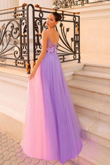 Beautiful Lilac Spaghetti-Strap Sleeveless Tulle Prom Dress A-Line With Zipper Flower