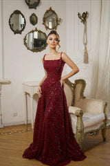 Shining Burgundy Spaghetti-Strap Sleeveless Sequins Prom Dress A-Line Long With Beads