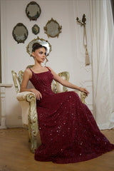 Shining Burgundy Spaghetti-Strap Sleeveless Sequins Prom Dress A-Line Long With Beads