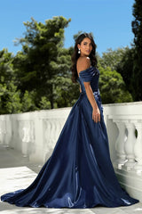 Elegant Dark Navy Off-The-Shoulder Satin Prom Dresses A-Line High Split Beads With Lace-Up Back