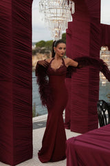Glamorous Burgundy Sweetheart Halter Satin Prom Dress Mermaid Lace With Gloves