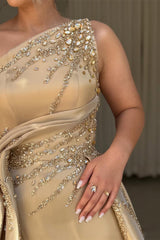 Luxury Asymmetrical Strapless Sleeveless Satin Prom Dresses A-Line Slit Gem With Zipper Pleats