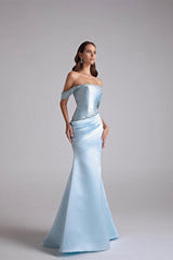 Glamorous Sky Blue Off-The-Shoulder Satin Mermaid Prom Dress Beading With Zipper