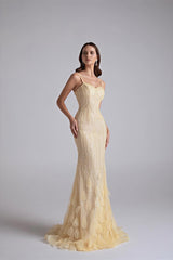 Sparkling Daffodil Spaghetti-Strap Sleeveless Prom Dress Mermaid Beading With Zipper