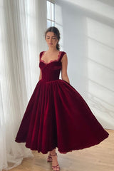 Classy Burgundy Straps Sweetheart Sleeveless Velvet Prom Dresses A-Line With Pleats