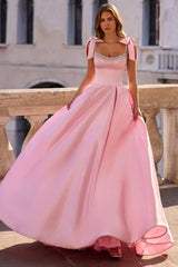 Chic Pink Spaghetti-Strap Sleeveless Satin Prom Dress A-Line Beads With Zipper Bow Knot