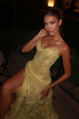 Dreamy Daffodil Sweetheart Strapless Sleeveless Lace Prom Dress Mermaid Side Split With Lace-Up Back