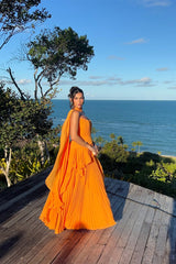 Charming Orange Strapless Sleeveless Chiffon Prom Dress A-Line With Zipper Pleats