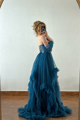 Romantic Ink Blue Off-The-Shoulder Sweetheart Tulle Prom Dress A-Line Pleats With Lace-Up Back