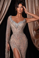 Dazzling V-Neck One Shoulder Mermaid Prom Dresses Sheath Gem With High Split