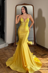 Sparkling Yellow Halter Sleeveless V-Neck Prom Dress Mermaid Gem With Lace-Up Back