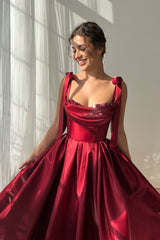 Elegant Burgundy Straps Sleeveless Satin Prom Dresses A-Line Ankle Length With Beads