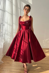 Elegant Burgundy Straps Sleeveless Satin Prom Dresses A-Line Ankle Length With Beads