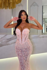 Dazzling Pink V-Neck Strapless Sleeveless Lace Prom Dresses Mermaid Sheath With Beads