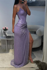 Romantic Lilac V-Neck Strapless Sleeveless Prom Dress Mermaid High Split With Lace-Up Back