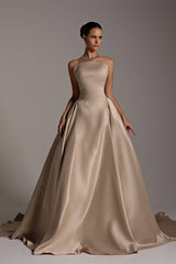 Luxury Strapless Sleeveless Satin A-Line Prom Dresses Long With Zipper Pleats