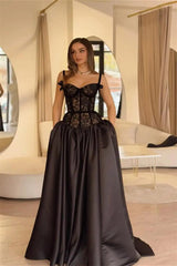 Charming Black Straps Sweetheart Sleeveless Prom Dresses A-Line Long With Pocket
