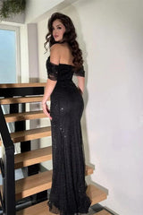 Timeless Black Off-The-Shoulder Sequins Prom Dress Mermaid Column With Zipper