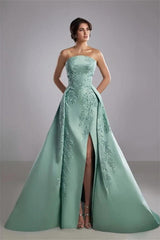 Romantic Tiffany Strapless Sleeveless A-Line Prom Dresses High Split Appliques With Zipper