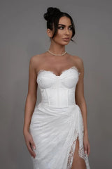 Pretty White Sweetheart Strapless Sleeveless Lace Prom Dresses Mermaid With High Split