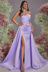 Beautiful Purple Strapless Sleeveless Satin Prom Dresses A-Line High Split With Gem