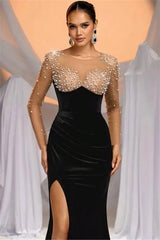 Romantic Black Jewel Long Sleeves Velvet Prom Dresses Mermaid High Split With Pearls