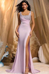 Shining Pink Straps Sleeveless Satin Sequins Mermaid Prom Dress Column High Split With Beads