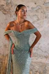 Charming Green Sweetheart One Shoulder Sequins Prom Dress Mermaid Sheath With Ruffle