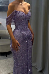 Beautiful Lilac V-Neck Off-The-Shoulder Sequins Prom Dress Mermaid Column With Beads