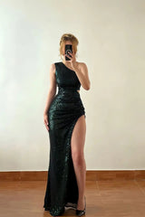 Charming Dark Green One Shoulder Sleeveless Mermaid Sequins Prom Dress Column With High Split