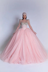 Luxury Pink High Collar Long Sleeves Prom Dresses Ball Gown Gem With Lace-Up Back