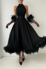 Charming Black Halter Chiffon Prom Dress A-Line Feather With Gloves Zipper