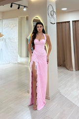 Beautiful Pink Sweetheart Halter Sleeveless Lace Prom Dress Mermaid With Side Split