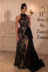 Romantic Black Halter Sleeveless Lace Mermaid Prom Dress Sheath Side Split With Ruffle Zipper