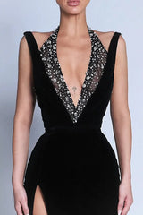 Luxury Black Halter Sleeveless V-Neck Mermaid Prom Dress High Split Gem With Zipper