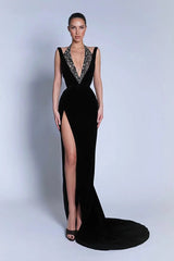 Luxury Black Halter Sleeveless V-Neck Mermaid Prom Dress High Split Gem With Zipper
