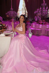 Dazzling Pink Sweetheart Straps Sleeveless Satin Prom Dress High Split With Lace-Up Back