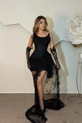 Classy Black Strapless Mini Lace Prom Dress Column Beads With Ruffle Gloves